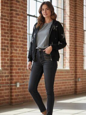 Black Rhinestone Star Zip Hoodie M Y2K Alt